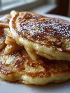 A stack of golden brown Apple Pie Pancakes topped with cinnamon apples and dusted heavily with powdered sugar.