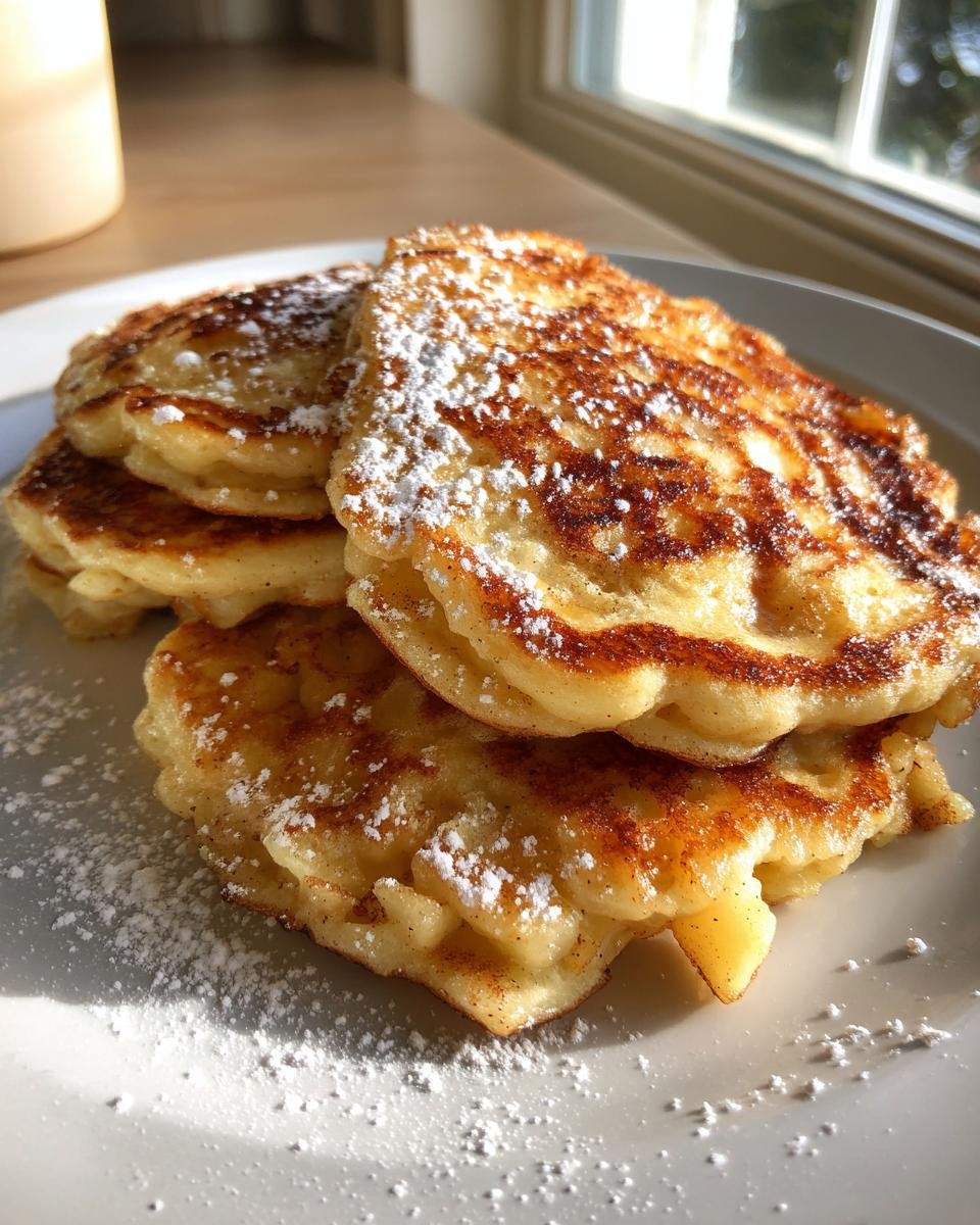 A stack of three golden-brown Apple Pie Pancakes dusted heavily with powdered sugar, served on a white plate.