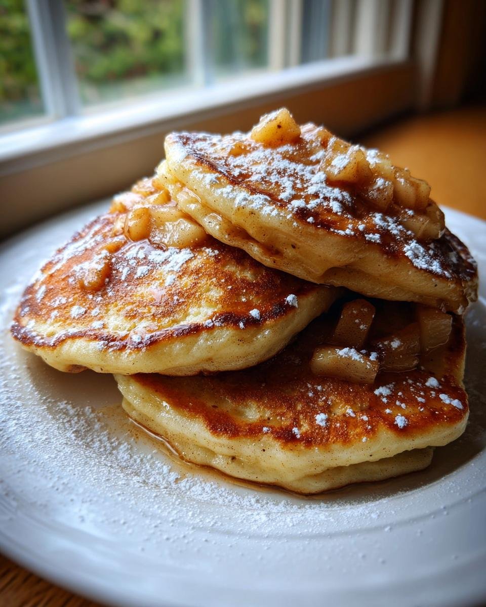 A delicious stack of three fluffy Apple Pie Pancakes topped with warm spiced apples and powdered sugar.