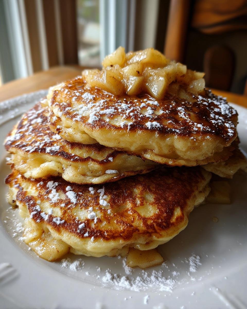 A tall stack of golden brown Apple Pie Pancakes dusted with powdered sugar and topped with warm cinnamon apples.