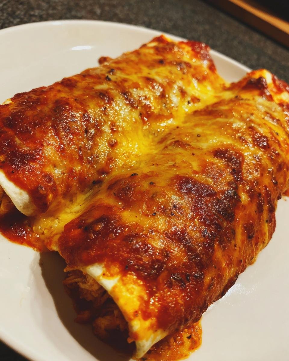 Close-up of two baked Chicken Enchilada rolls covered in bubbling red sauce and melted, browned cheese.