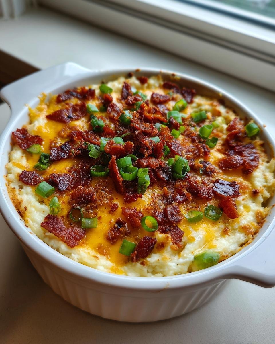 Close-up of a hot Baked Potato Dip topped with melted cheddar cheese, bacon bits, and green onions.