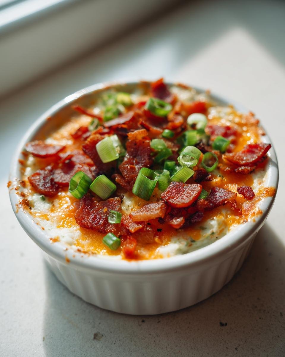 Close-up of a single serving of hot Baked Potato Dip topped with melted cheese, crispy bacon, and green onions.