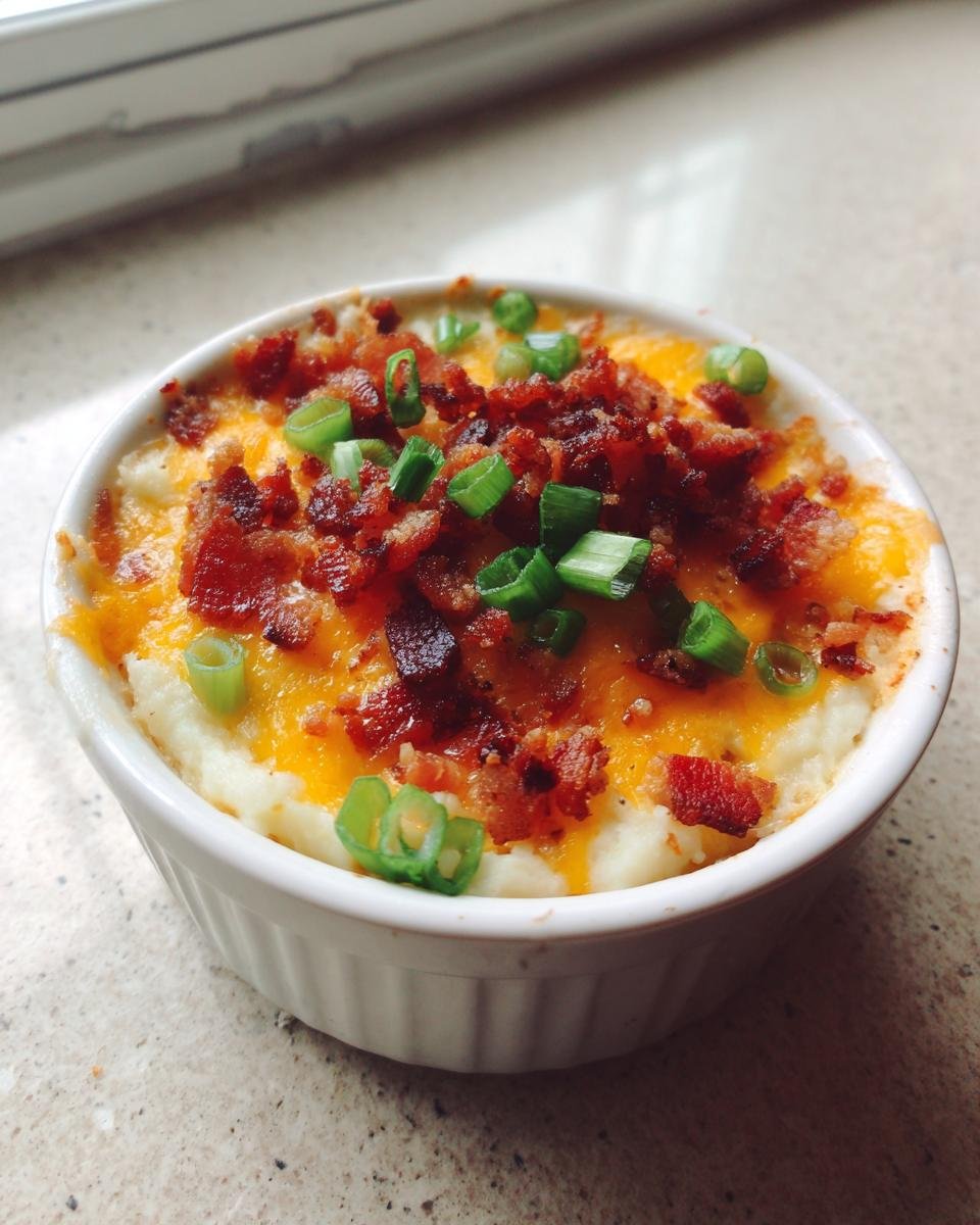 A small white ramekin filled with creamy Baked Potato Dip topped with melted cheddar, bacon bits, and green onions.