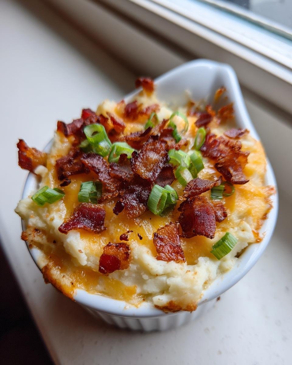 Close-up of a single serving of hot Baked Potato Dip topped with melted cheddar cheese, crispy bacon bits, and fresh green onions.