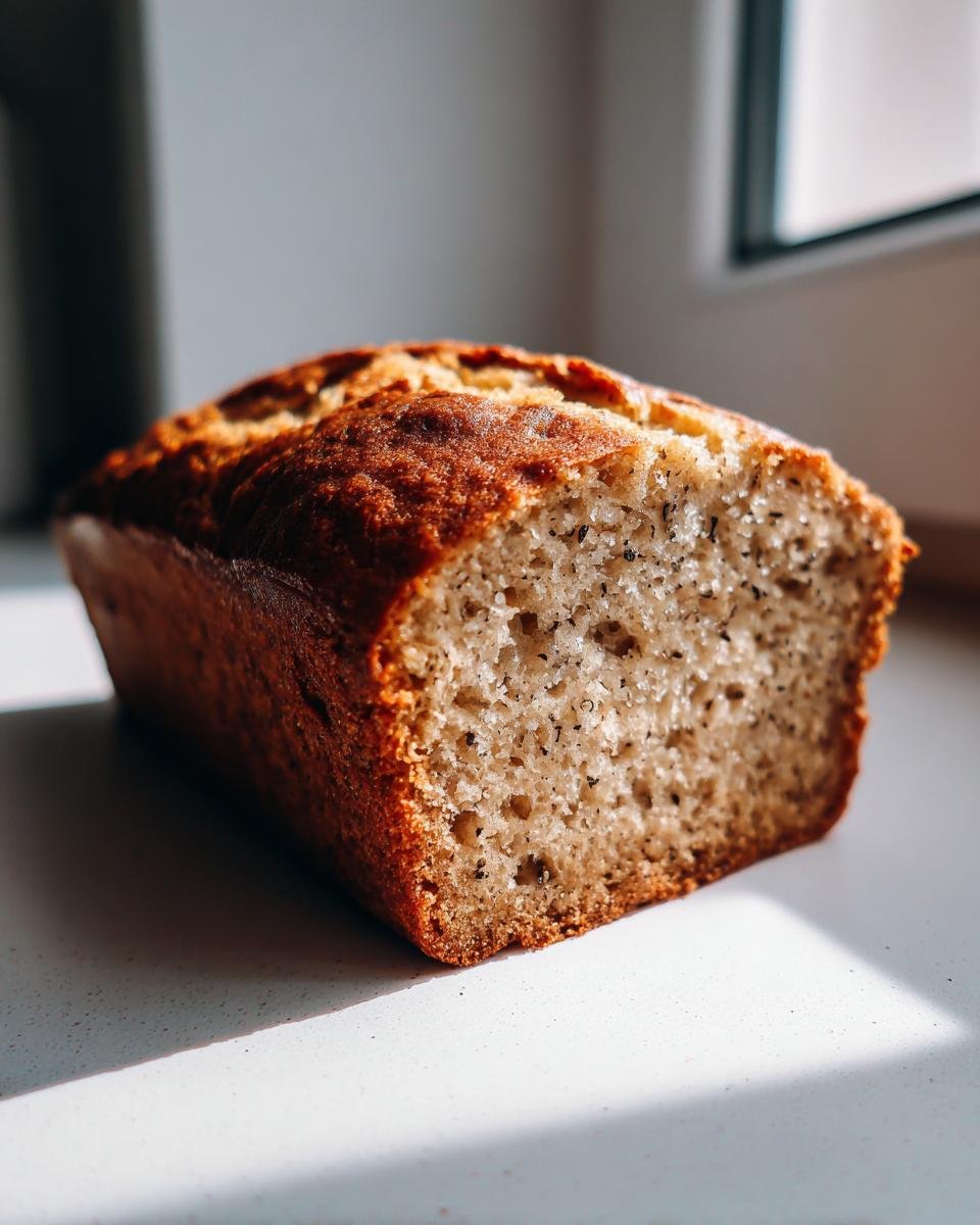 A close-up, end view of a golden-brown Banana Bread loaf showing its moist crumb texture.