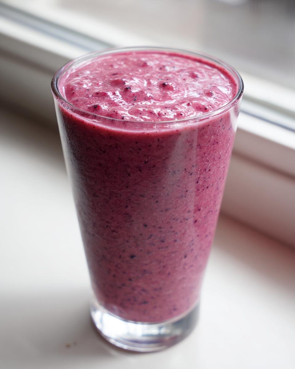 A tall glass filled with a thick, vibrant purple Greek Yogurt Smoothies, sitting near a window.