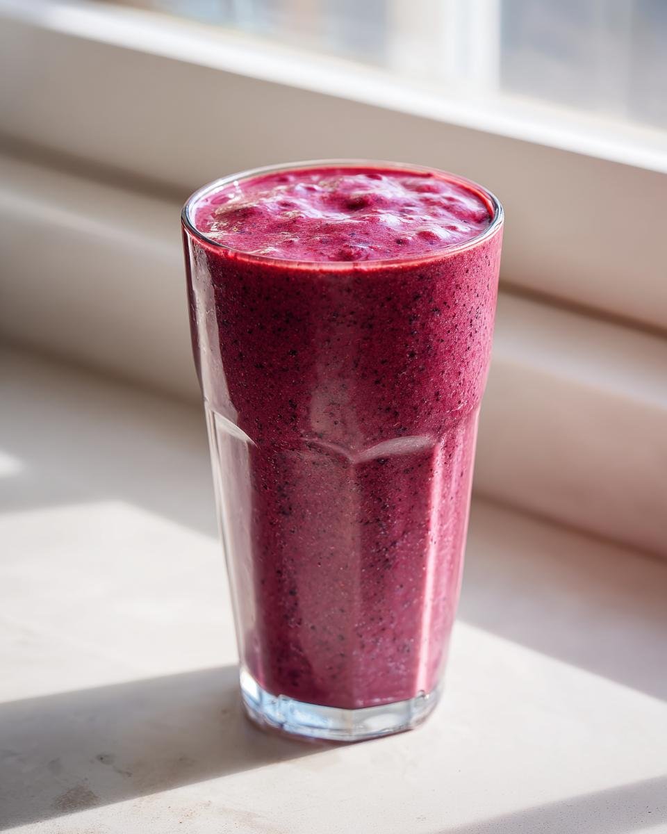 A tall glass filled with a thick, vibrant purple Greek Yogurt Smoothies, sitting on a bright windowsill.