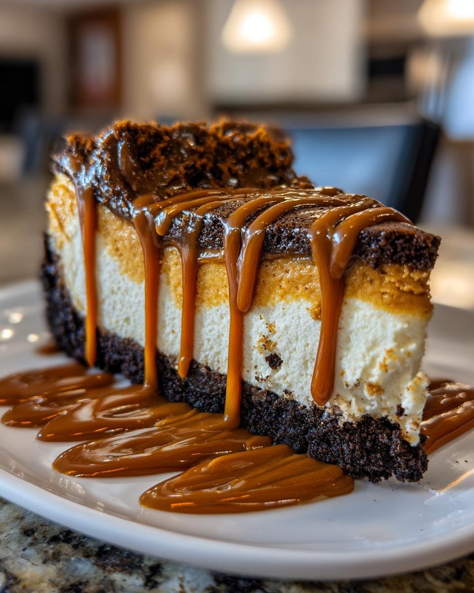 A decadent slice of Biscoff Cheesecake featuring a dark crust, layered filling, and rich caramel sauce dripping down the sides.