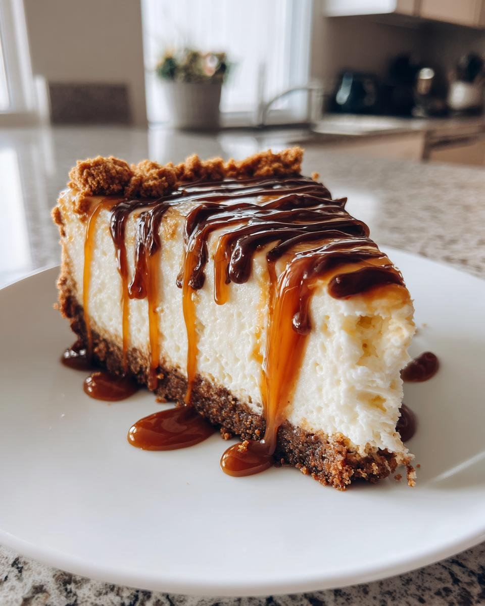 A decadent slice of Biscoff Cheesecake topped with thick caramel and chocolate sauce drizzles.