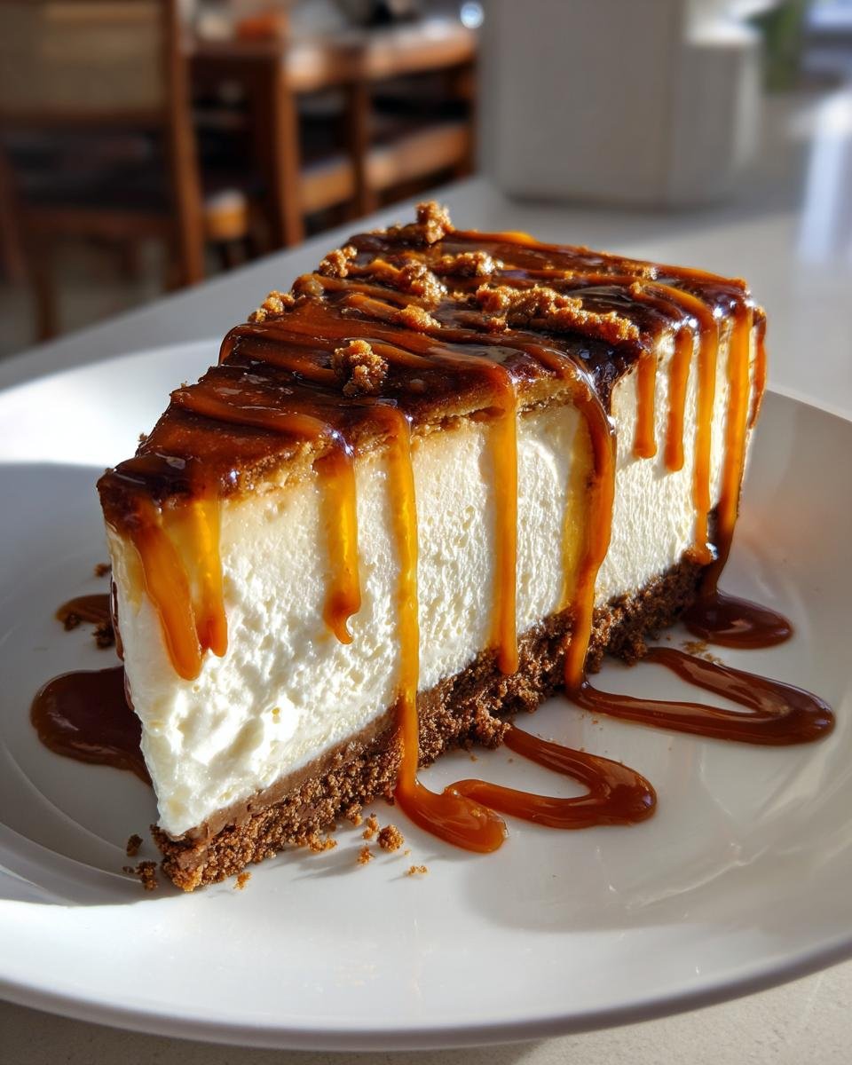 A decadent slice of Biscoff Cheesecake with a thick caramel drizzle and cookie crumble topping.