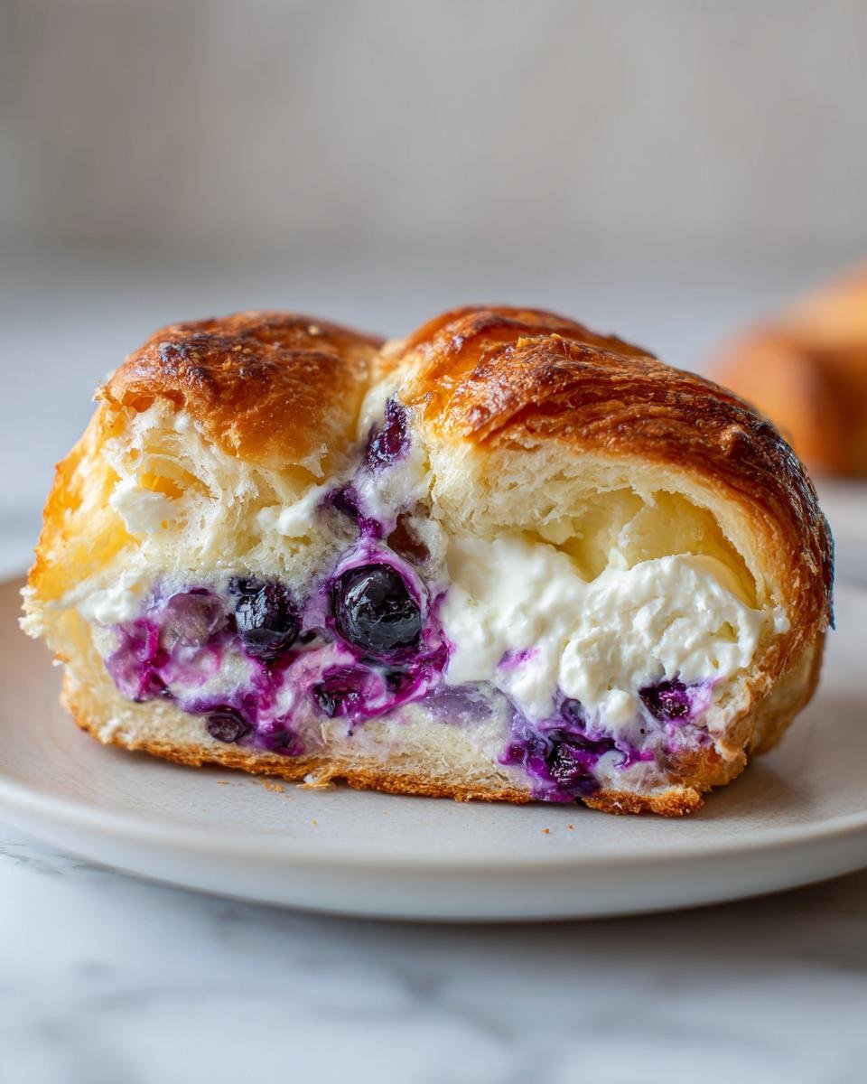 Close-up of a halved Blueberry Cheesecake Crescent showing creamy filling and burst blueberries inside flaky pastry.