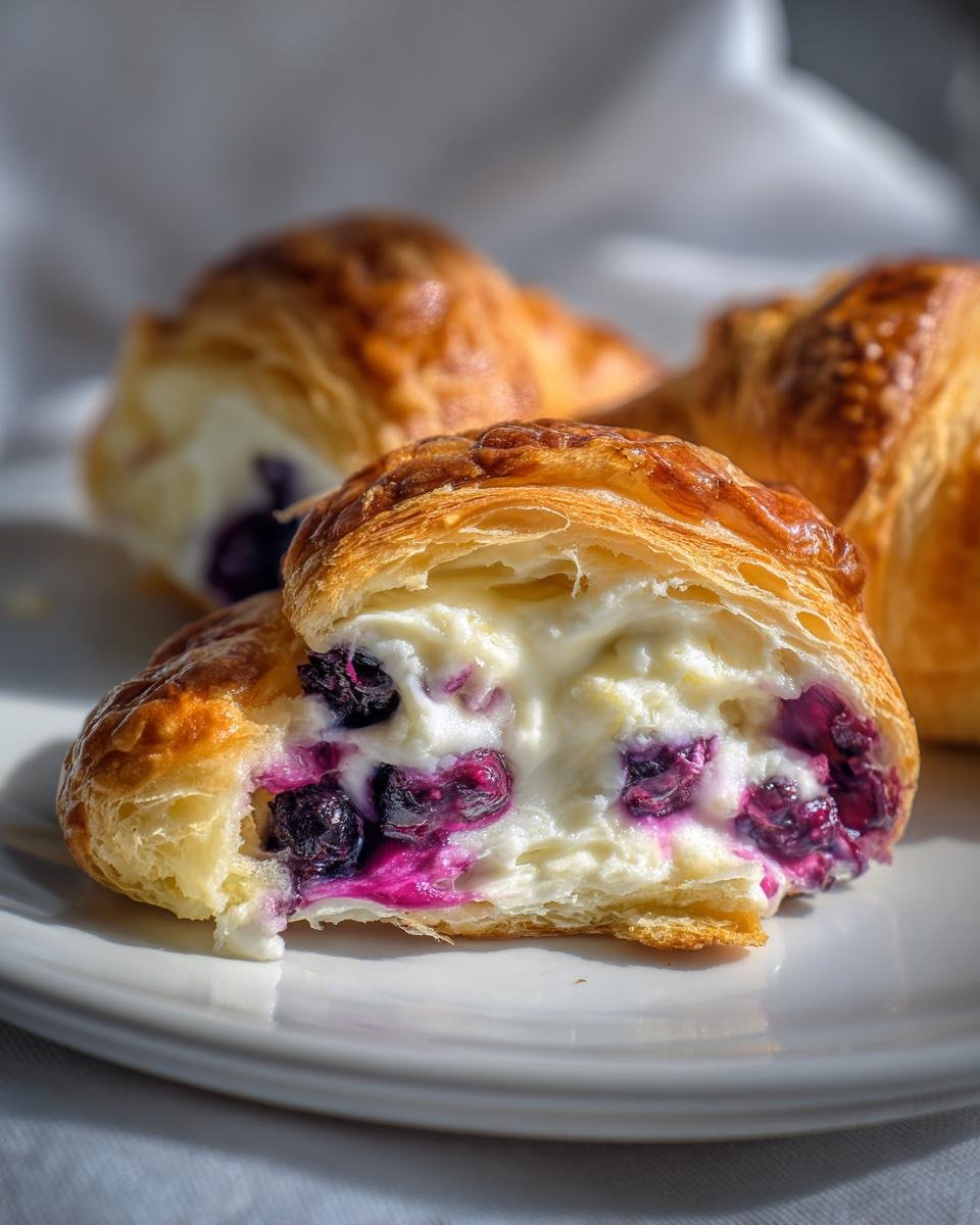 Close-up of a flaky pastry crescent cut open, revealing a creamy filling with bright purple blueberries in our Blueberry Cheesecake Crescents.