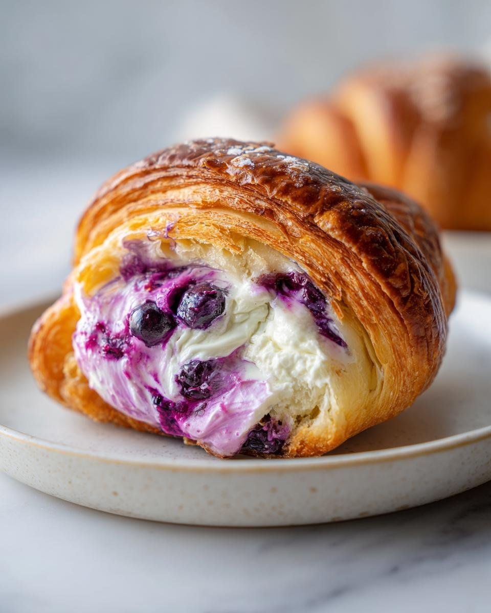 Close-up of a flaky pastry filled with creamy white and purple blueberry cheesecake filling, representing Blueberry Cheesecake Crescents.