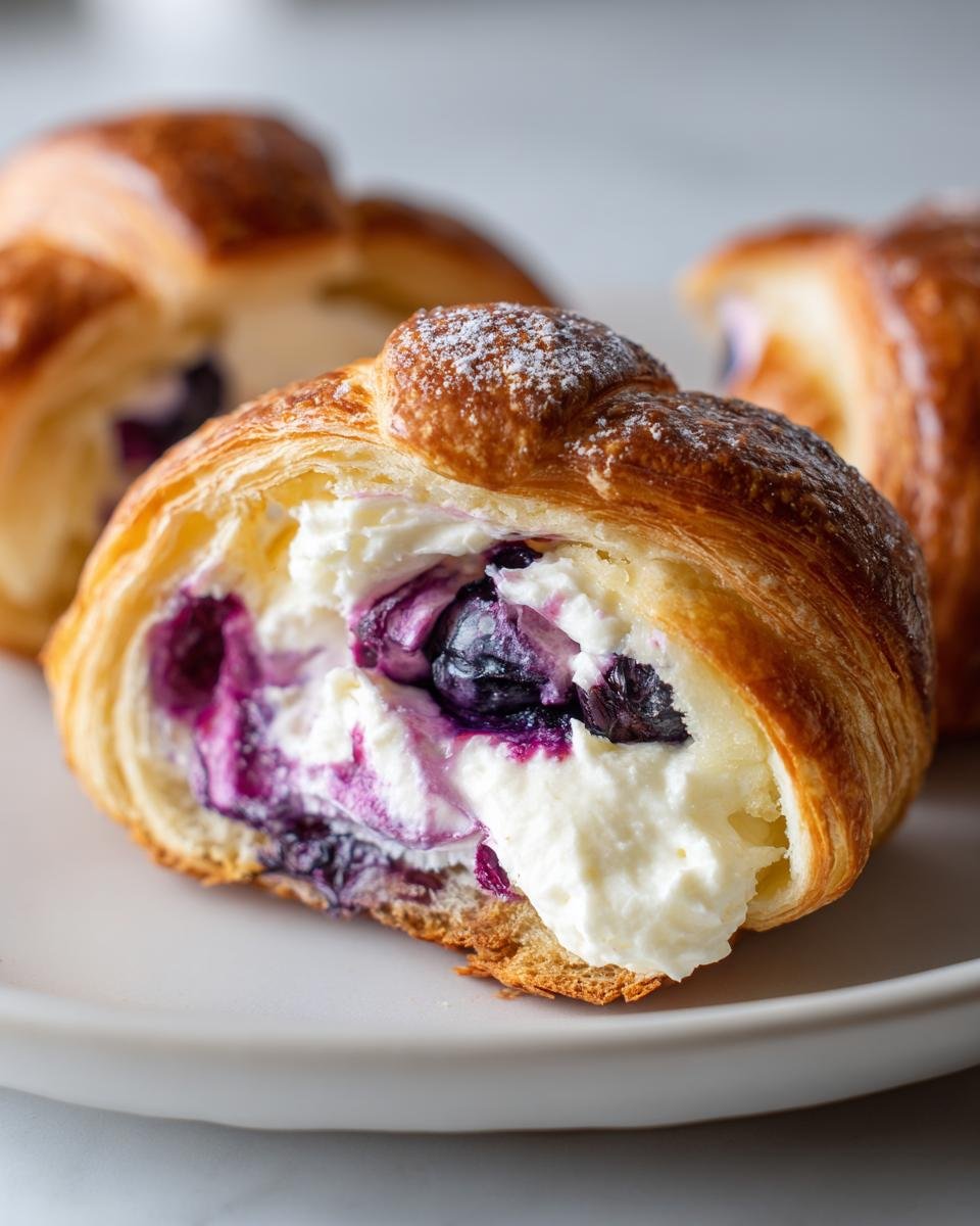 Close-up of a Blueberry Cheesecake Crescent cut in half, revealing a rich cream cheese filling mixed with purple blueberries.