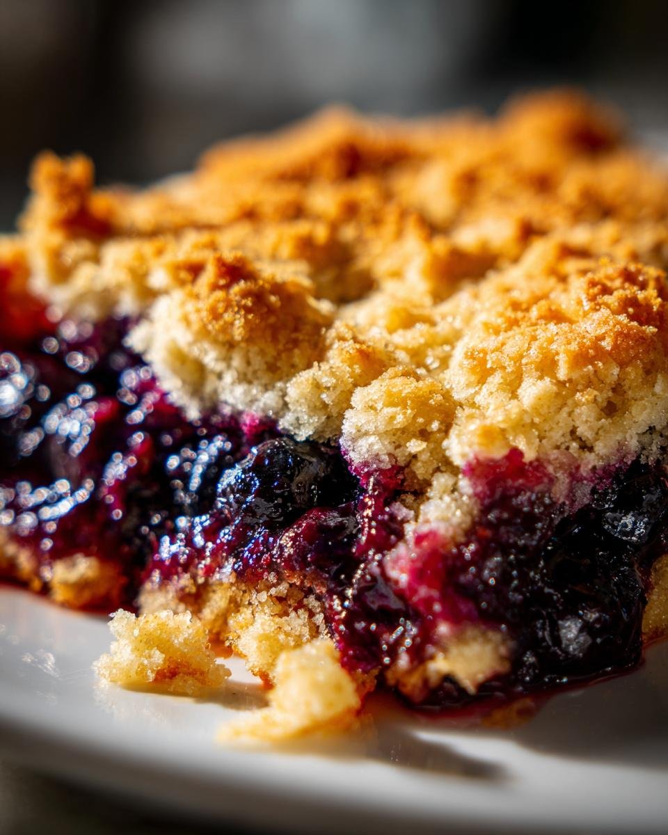 A close-up, macro shot of a warm slice of Blueberry Cobbler showing juicy purple filling and crumbly golden topping.