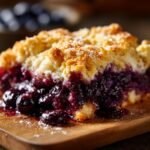 A close-up, mouthwatering shot of a serving of Blueberry Cobbler showing the rich, bubbling blueberry filling and golden, crumbly topping.