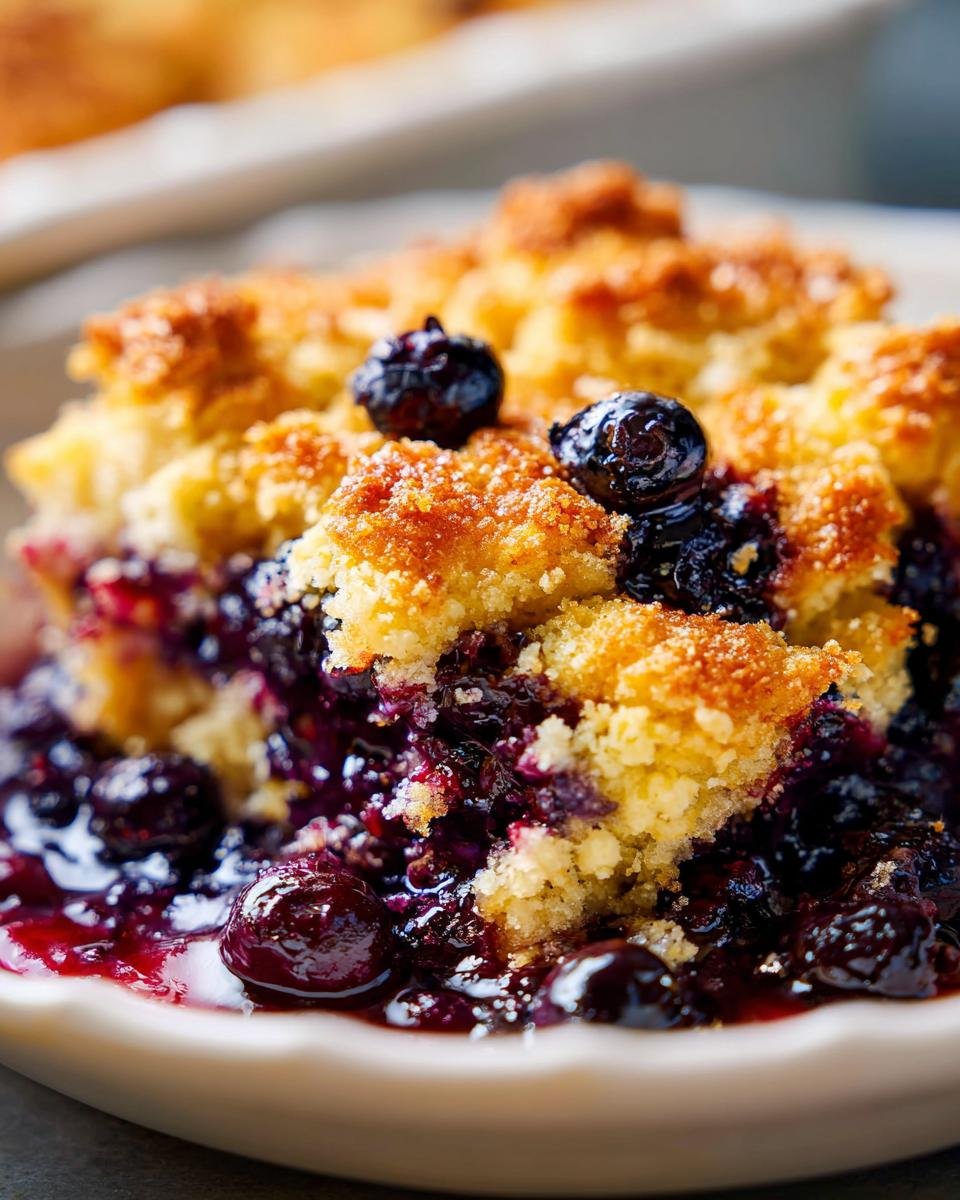 A close-up, mouthwatering shot of a serving of Blueberry Cobbler with a golden, crumbly topping over juicy, bubbling blueberries.