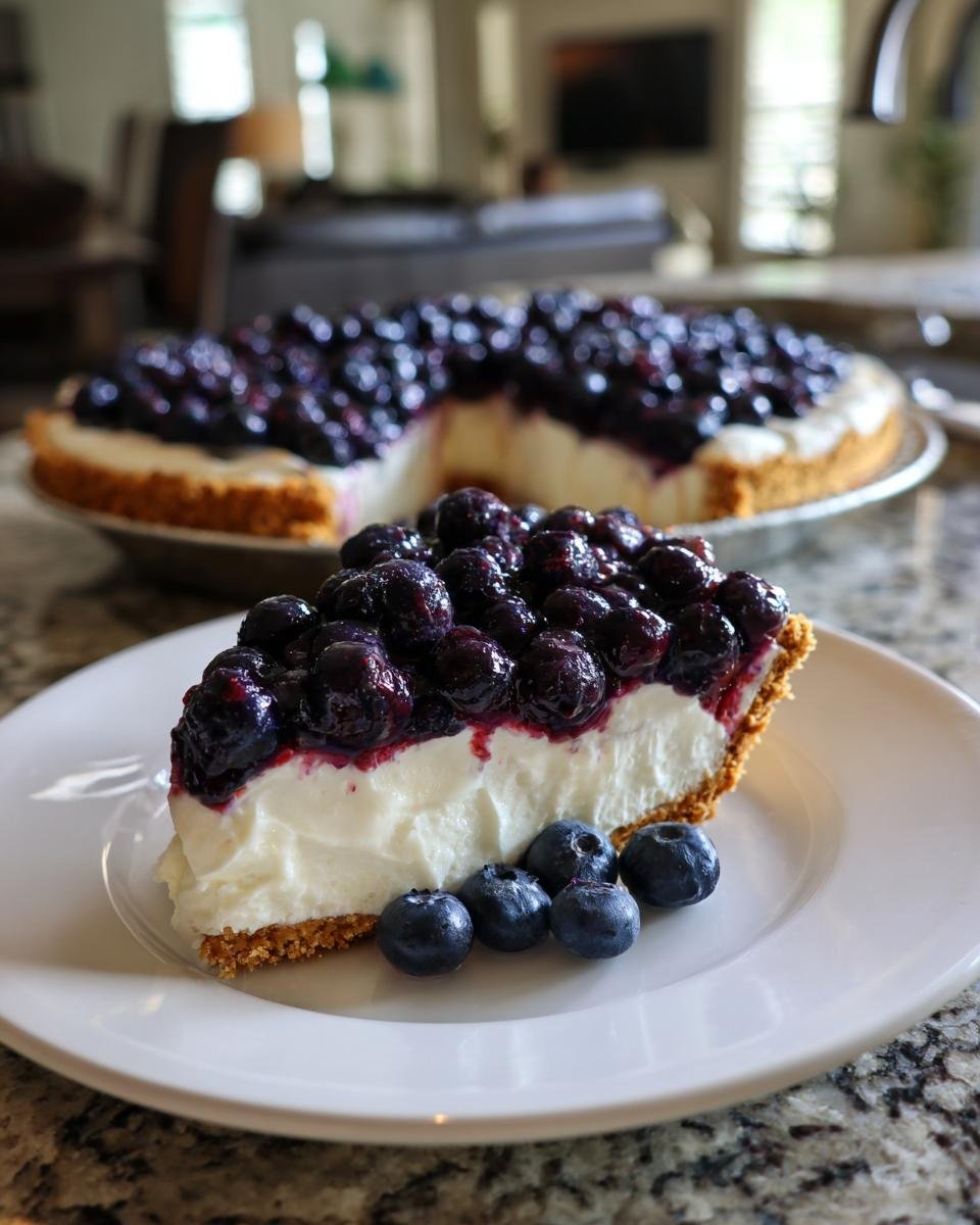 A close-up slice of Blueberry Cream Cheese Pie featuring a thick cream cheese layer and generous blueberry topping.