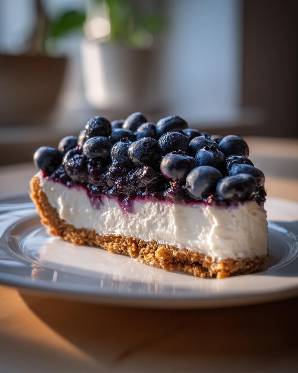 A close-up slice of Blueberry Cream Cheese Pie featuring a thick cream cheese layer and a topping of fresh, glossy blueberries.