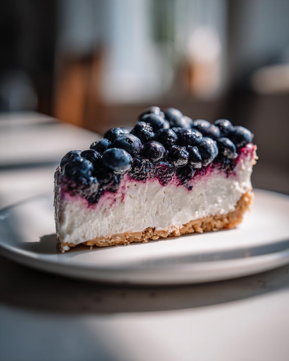 A close-up slice of Blueberry Cream Cheese Pie featuring a graham cracker crust, thick cream cheese layer, and topped with fresh blueberries.