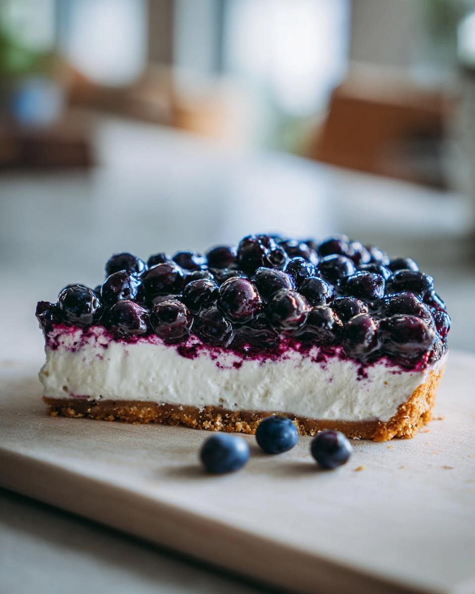 A thick slice of Blueberry Cream Cheese Pie showing a graham cracker crust, white cream cheese layer, and glossy blueberry topping.