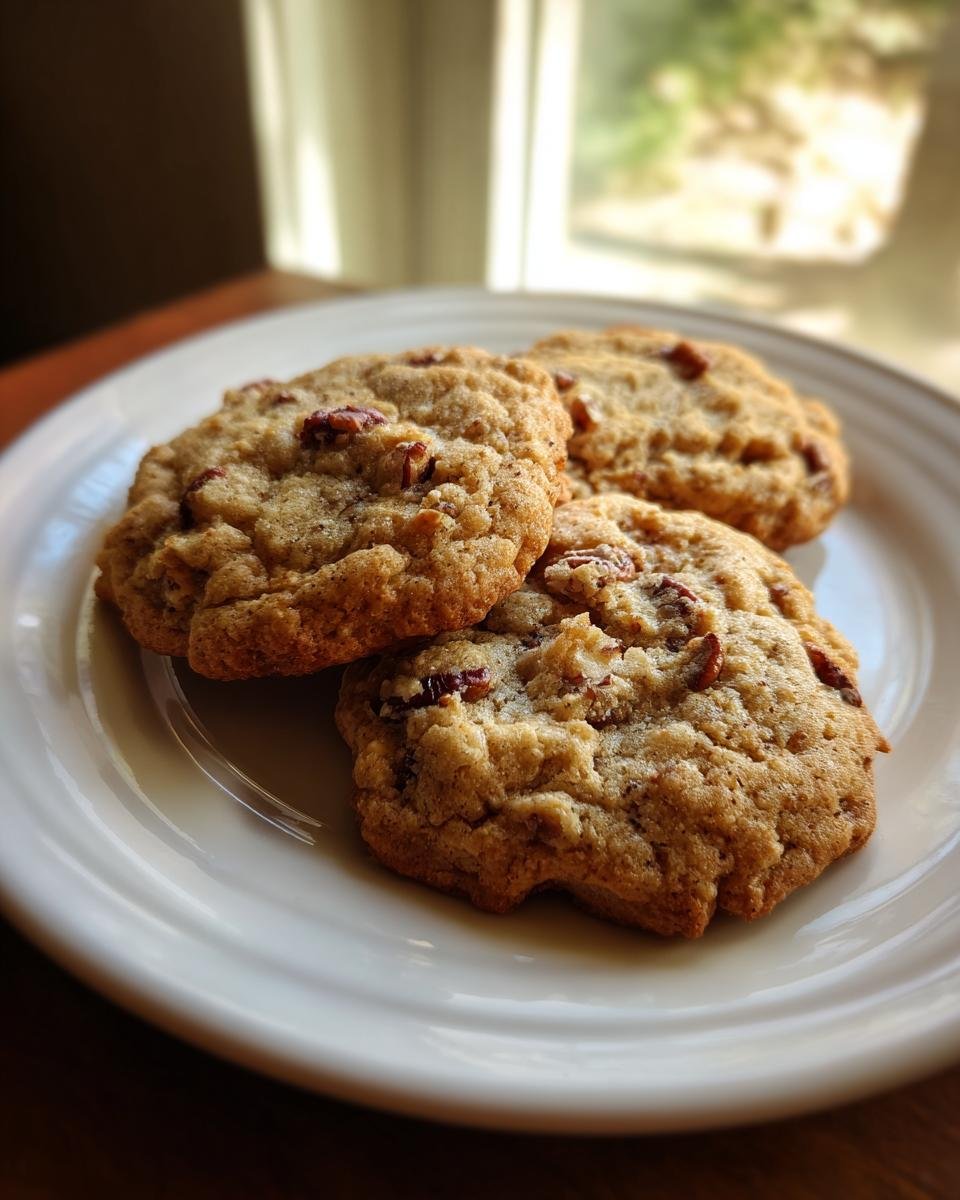 Three golden-brown Bourbon Pecan Cookies piled on a white plate, illuminated by soft window light.