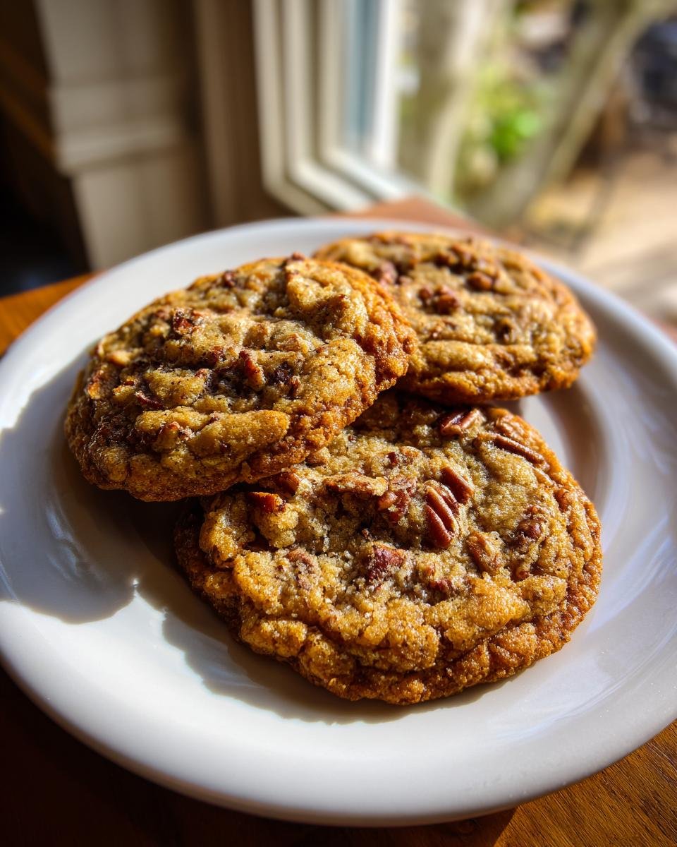 Three freshly baked Bourbon Pecan Cookies piled on a white plate, catching warm sunlight near a window.