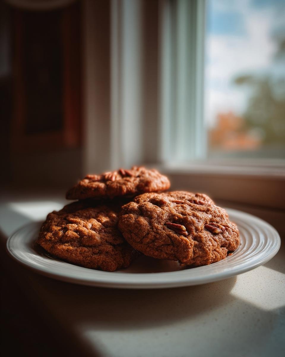 A stack of three rich, brown Bourbon Pecan Cookies topped with pecans, sitting on a white plate near a window.