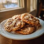 A stack of warm, golden Bourbon Pecan Cookies with visible pecan pieces, resting on a white plate near a window.