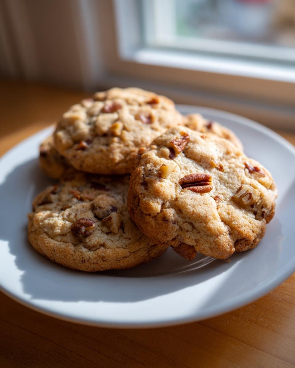 A stack of warm Bourbon Pecan Cookies featuring visible pecan pieces, resting on a white plate near a sunlit window.