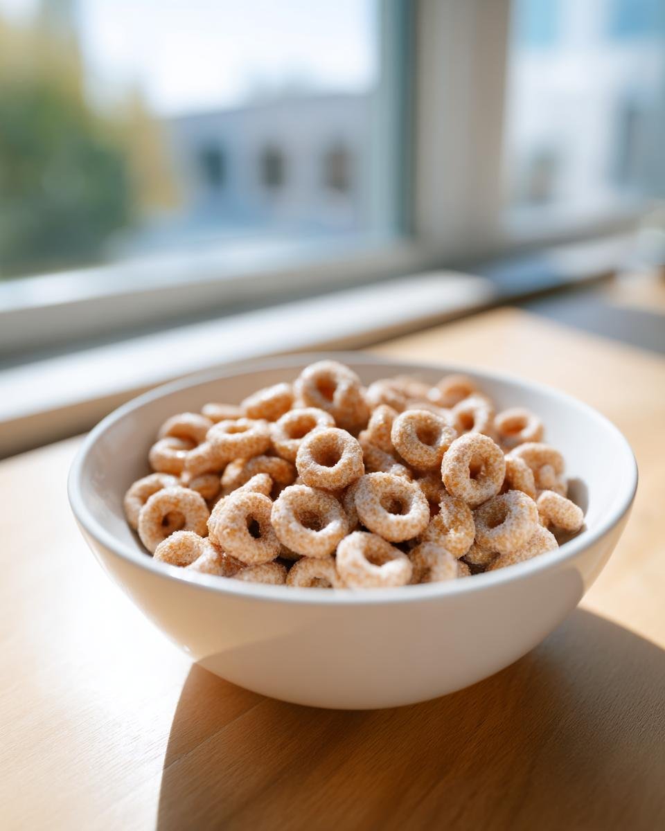 Close-up of a white bowl filled with Hot Buttered Cheerios cereal sitting on a wooden table near a bright window.