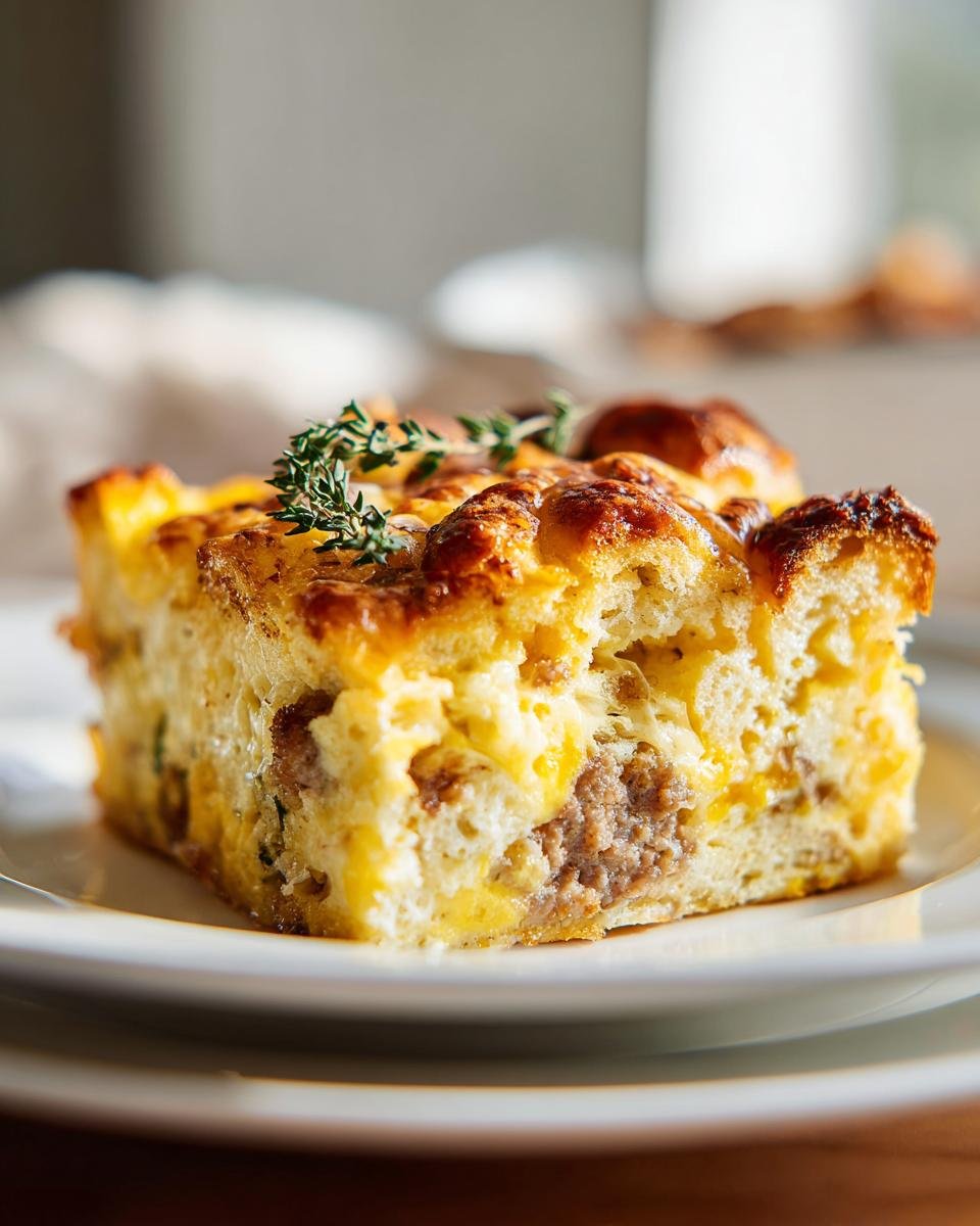 A close-up of a golden brown slice of Breakfast Casserole featuring eggs, bread, cheese, and sausage, garnished with thyme.
