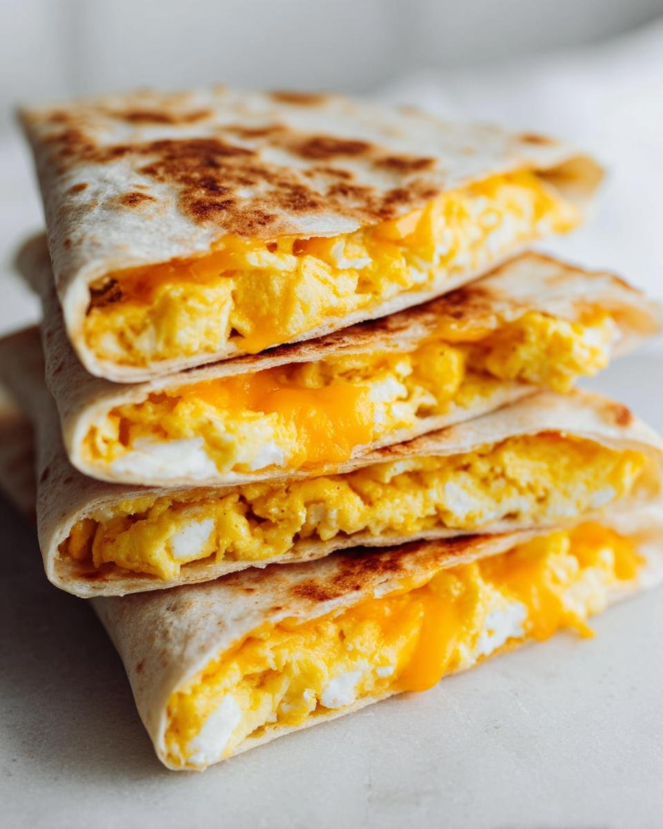 A stack of four folded and sliced Breakfast Quesadilla wedges filled with fluffy scrambled eggs and melted cheddar cheese.