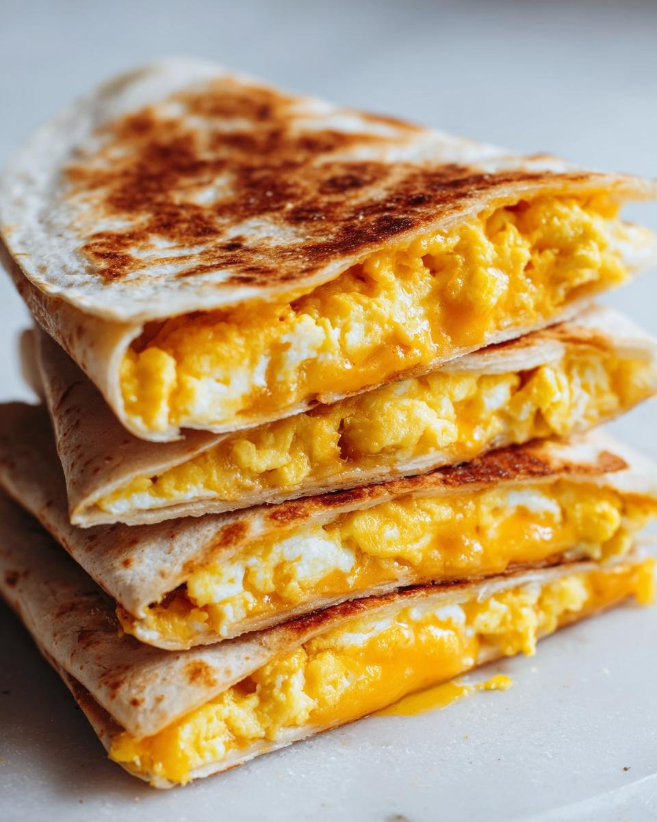 A stack of four golden-brown, toasted Breakfast Quesadilla quarters filled generously with fluffy scrambled eggs and melted cheese.