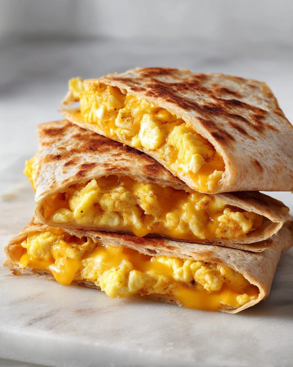 Three halves of a toasted Breakfast Quesadilla stacked, showing fluffy scrambled eggs and melted cheddar cheese filling.
