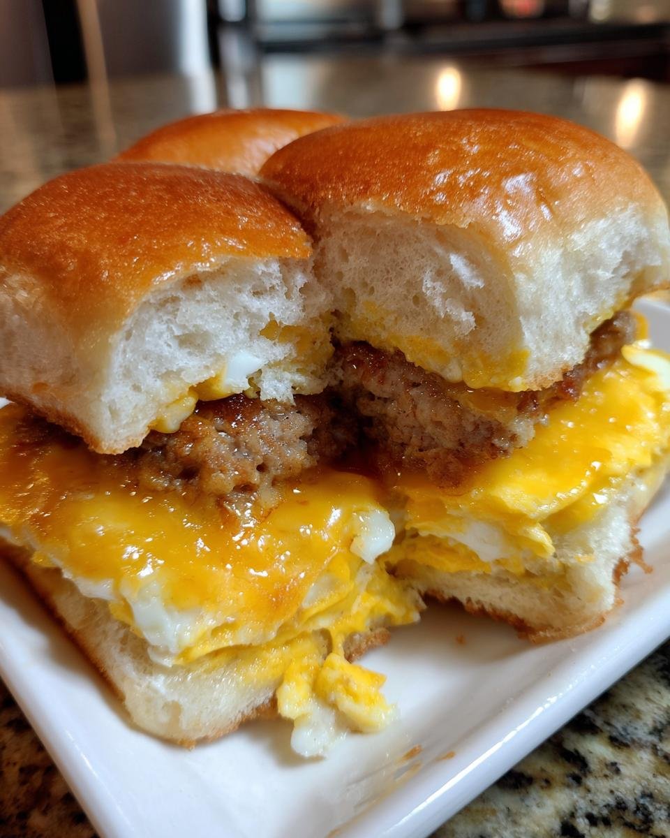 Close-up view of Breakfast Sliders cut open, showing layers of fluffy egg, melted cheese, and sausage on soft rolls.