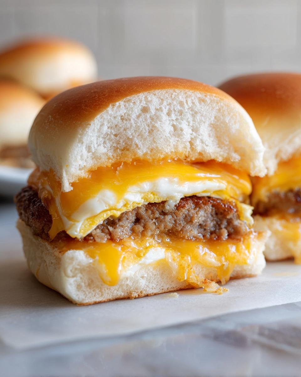 Close-up of a delicious Breakfast Sliders sandwich featuring sausage, fried egg, and melted cheddar cheese on a soft roll.
