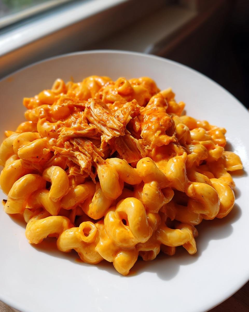 Close-up of a white bowl filled with creamy, orange Buffalo Mac And Cheese topped with shredded chicken.