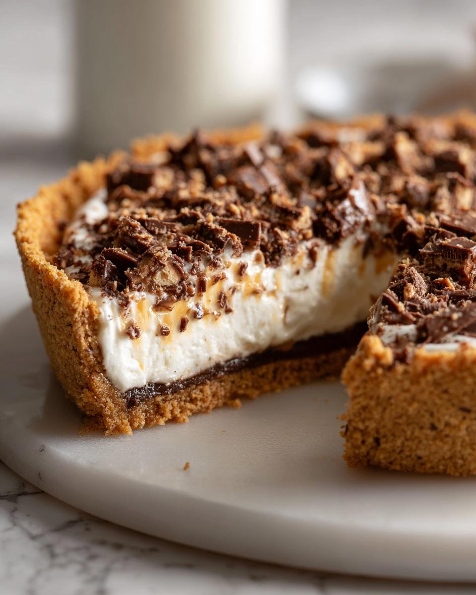 A slice removed from a creamy, no-bake Butterfinger Pie topped generously with crushed candy pieces.