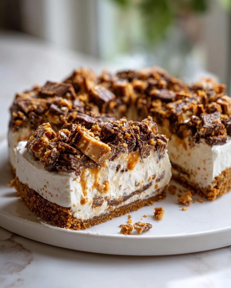 A thick slice of no-bake Butterfinger Pie showing a graham cracker crust, creamy filling, and crushed Butterfinger topping.