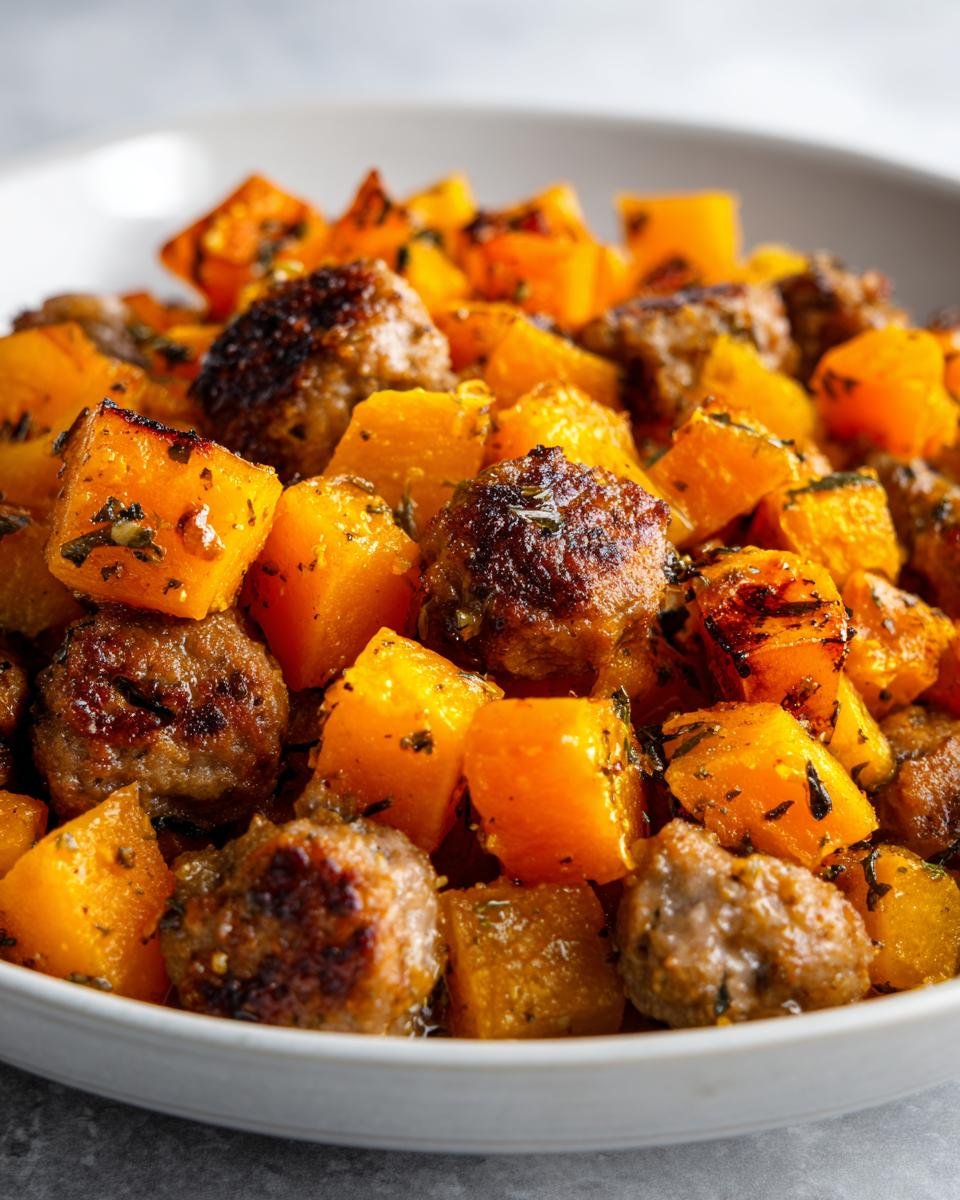 Close-up of browned sausage pieces mixed with roasted, cubed butternut squash, seasoned with herbs.