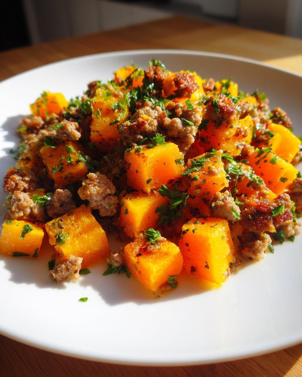A close-up serving of bright orange cubed butternut squash mixed with browned sausage and topped with fresh parsley, representing the Butternut Squash Sausage recipe.