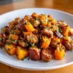 Close-up of pan-seared sausage pieces mixed with roasted butternut squash cubes, seasoned with herbs.