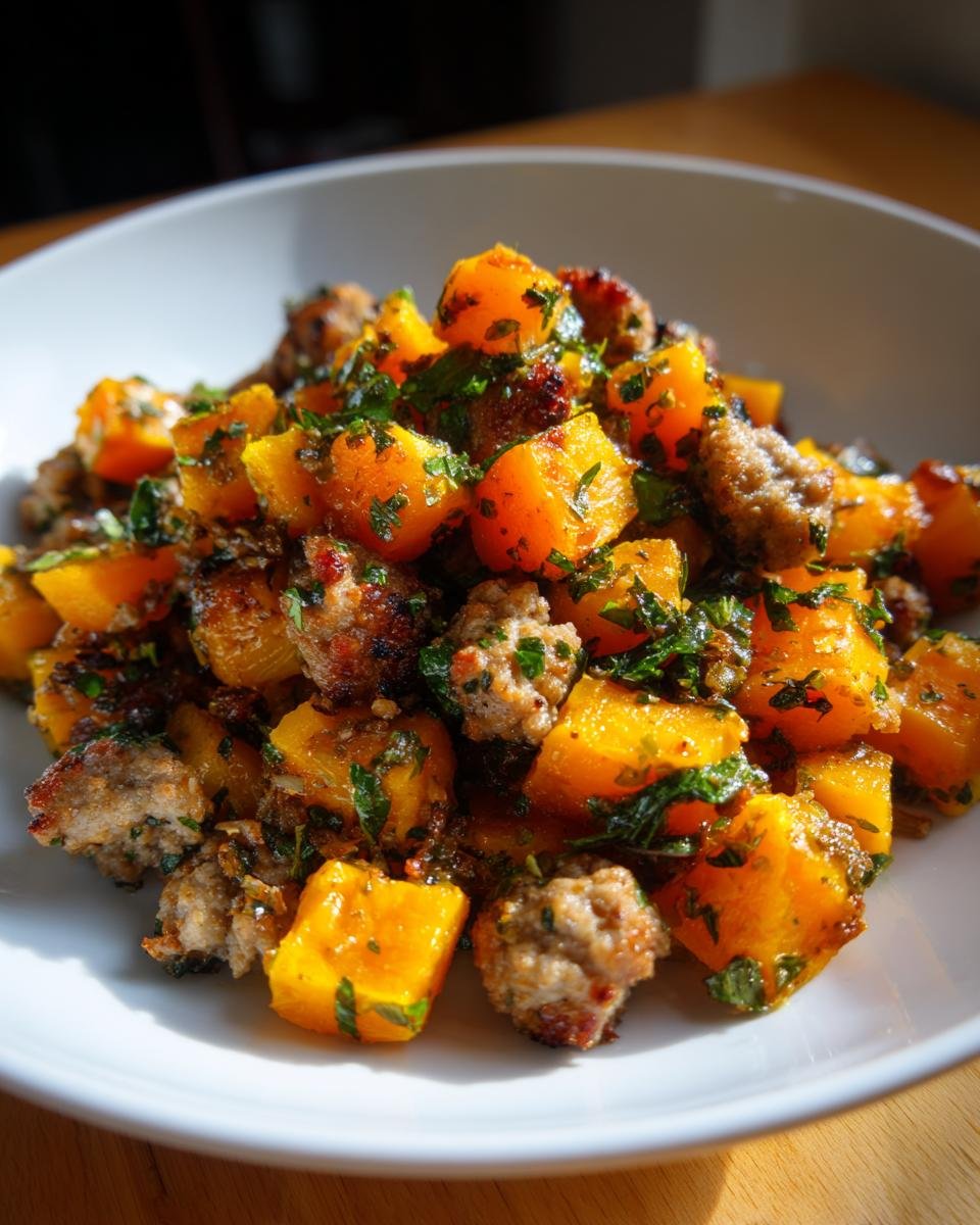 A close-up of a white bowl filled with pan-fried Butternut Squash Sausage, topped with fresh green herbs.