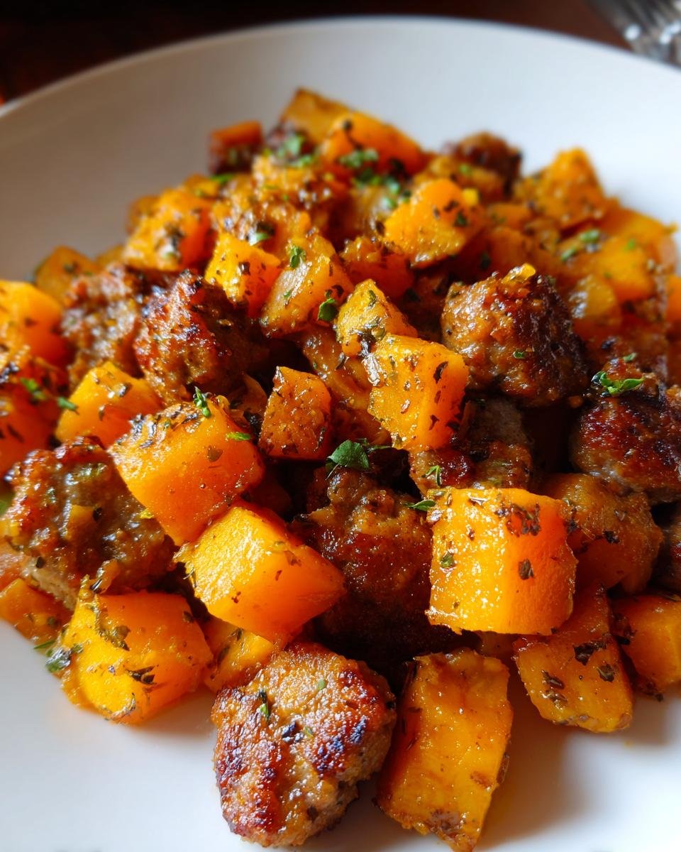 Close-up of pan-seared chunks of orange butternut squash mixed with browned sausage pieces, seasoned with herbs.