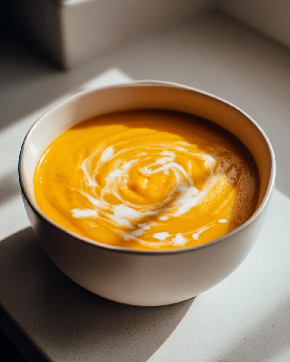 A close-up of vibrant orange Butternut Squash Soup topped with a swirl of white cream in a light bowl.