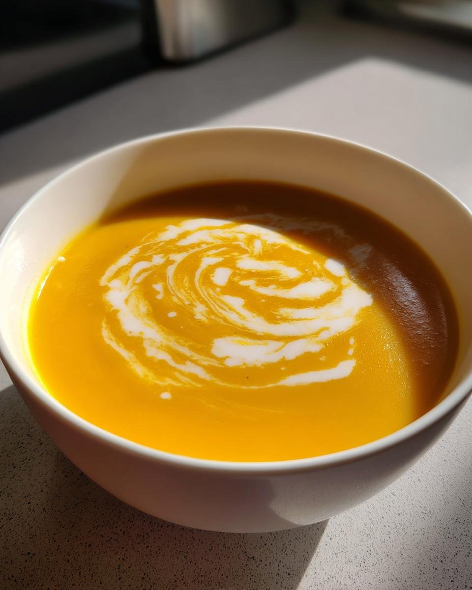 A close-up of vibrant orange Butternut Squash Soup in a white bowl, garnished with a swirl of cream.