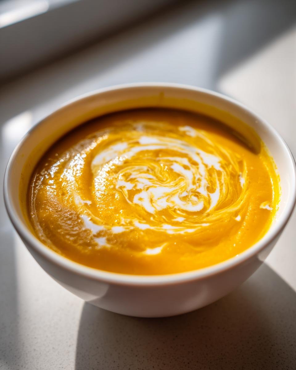 A vibrant orange bowl of Butternut Squash Soup, swirled with cream, sitting on a light countertop.