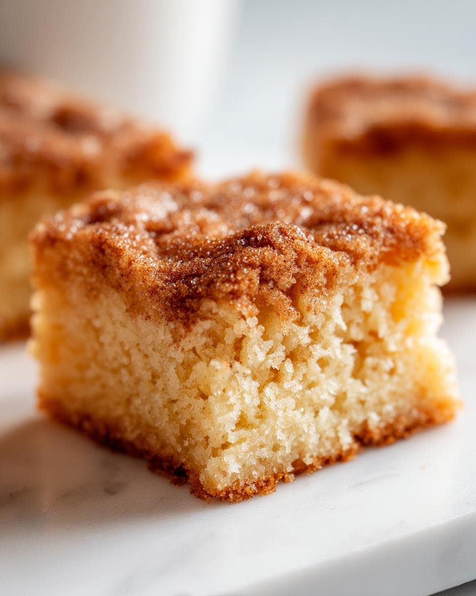 A close-up of a moist, square slice of Cake Batter Bars topped with a crunchy cinnamon sugar crumble.